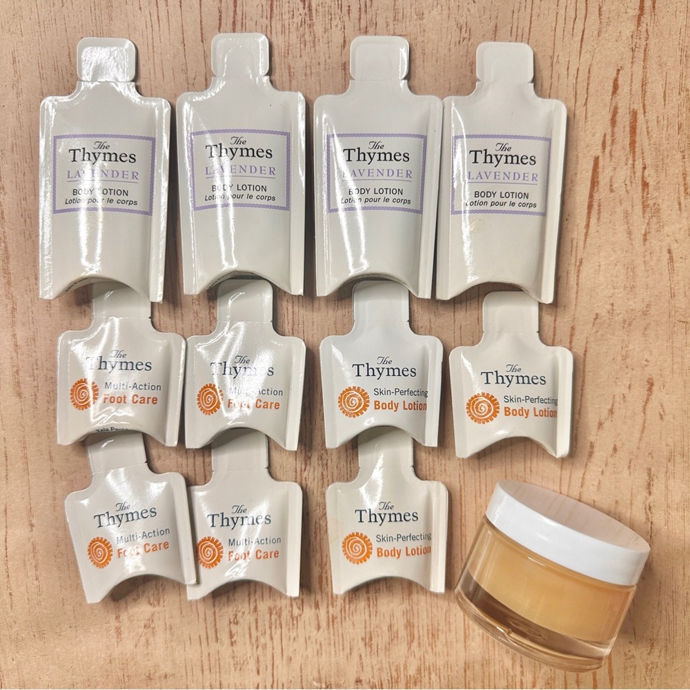 Lot The Thymes lotion travel packs samples Lavender Foot Care Eucalyptus Candle
